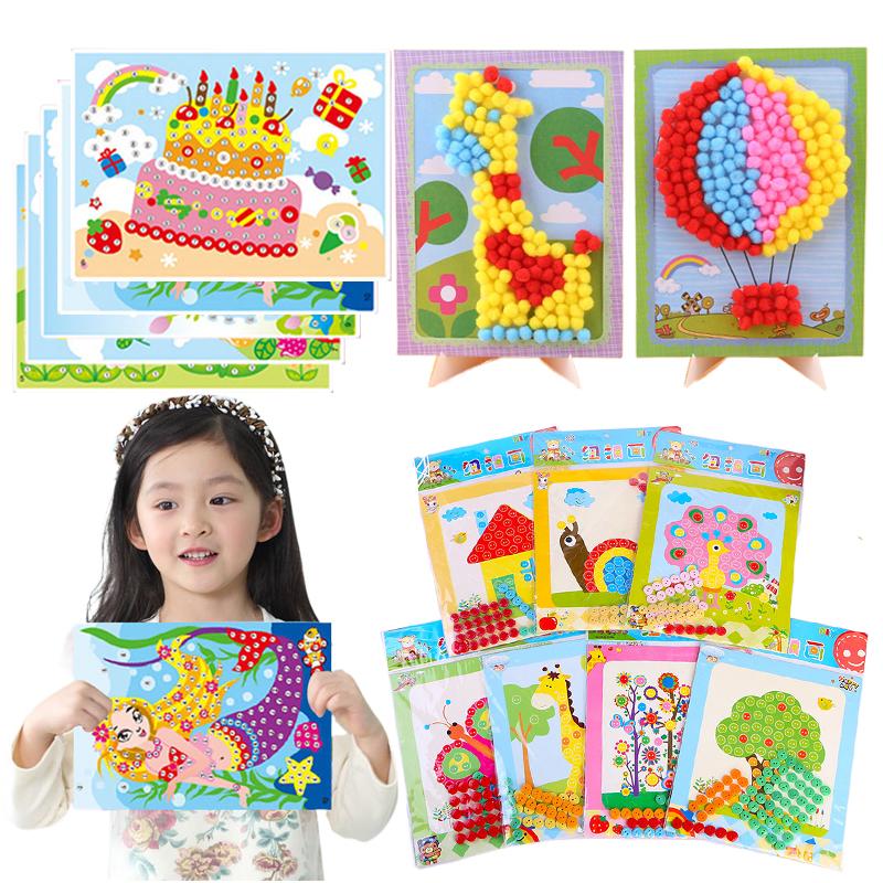 Children Handmade DIY Toys Button/Pompom/Diamond Stickers Drawing Toy Puzzle Early Education Color Cognition Birthday Gift TMZ