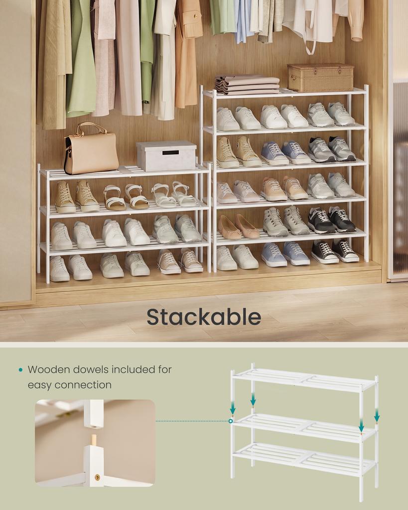 SONGMICS Bamboo Shoe Rack, 3-Tier Stackable Space-Saving Storage Shelf for Entryway, Living Room, Bedroom, Garage, Holds 12-16 Pairs