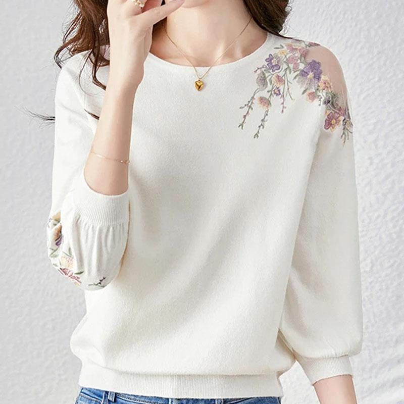 Модные летние вязаные свитера с круглым вырезом, пуловеры, женские топы, вышитые цветами, белый женский свитер JJ20
