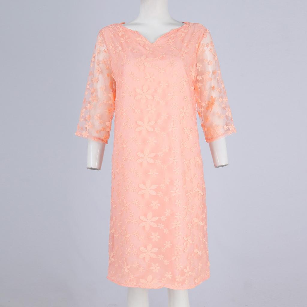 Женское свободное облегающее и модное однотонное сетчатое платье с вышивкой и v-образным вырезом и рукавами 5/4