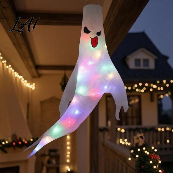 Halloween Garden Atmosphere Lights 47 Inch Hanging Ghost Windsock with LED Lights Luminous Flying Ghosts Front Door Decor Flag Wind Socks for