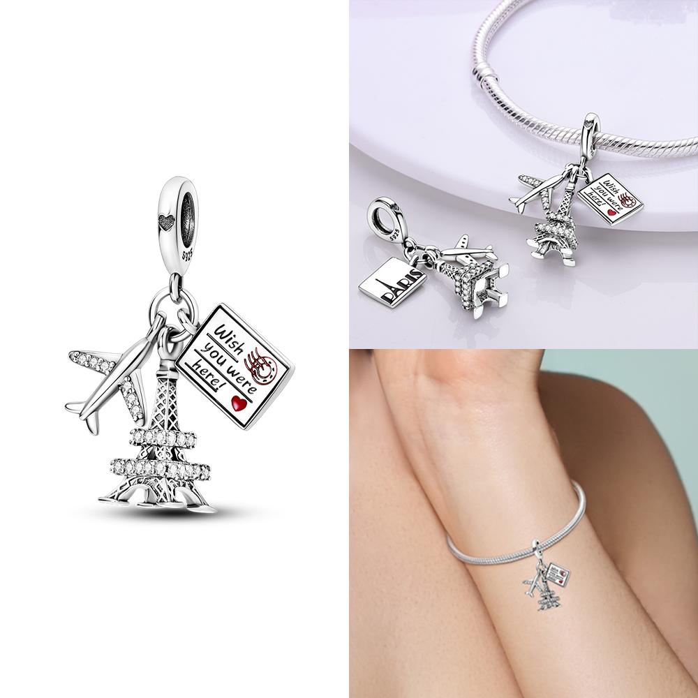Plata De Ley Copper Travel Dangle Charm Eiffel Tower Original Charms Beads Fit Charms Women Bracelet Jewelry Gift