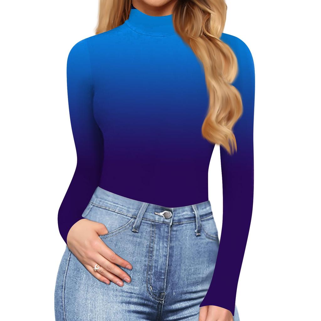 Женская осенне-зимняя футболка-комбинезон с длинным рукавом и высокой горловиной, цветной градиентный комбинезон