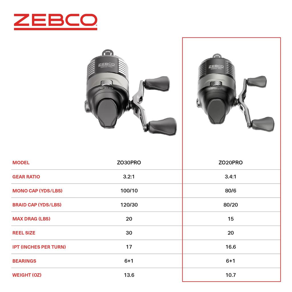 Спиннинговая катушка Zebco Omega Pro, размер 20, с двойным керамическим пикапом, цельнолатунная шестерня, система GlideLine II для намотки лески, 6lb плетеная черная леска,
