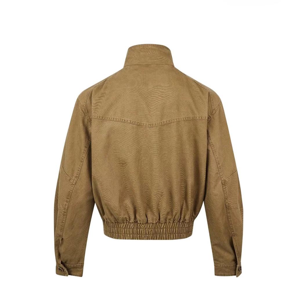 Унисекс Ретро Потертая Холщовая Куртка-Сарай - Прямой Крой, Стойка Воротник, Модный Стиль