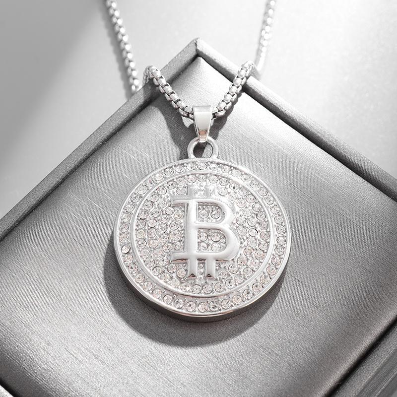 Блестящее ожерелье-подвеска Bitcoin с кристаллами для мужчин и женщин Хип-хоп Рок Рэп Модные Крутые Украшения