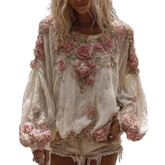 Women Tops V-Neck Lantern Long Sleeve Casual Loose Fit Shirt 3D Flower Pattern Casual Women Shirt Daily Wear