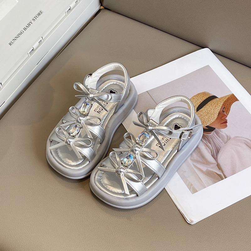 Wedding Party Children's Summer Sandals New Girl Princess Shoes Elegant Chic Bow Kids Causal Flat Sandals Rhinestone I09056