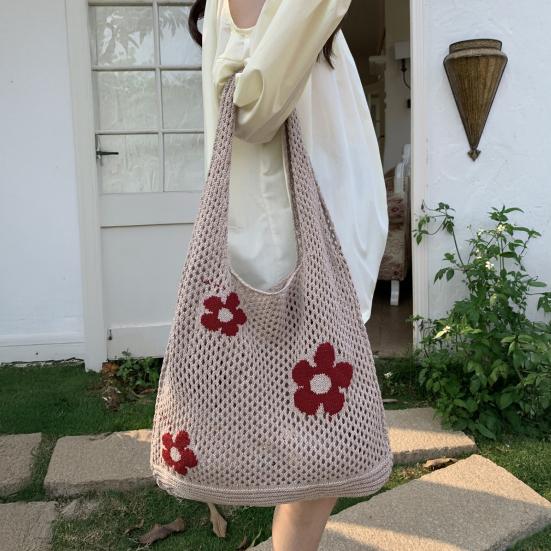 Вязаная пляжная сумка, ажурная тканая сумка через плечо с цветочным узором, сумка-тоут для повседневных выходов, праздников, шопинга на улице