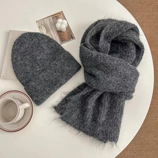 2Pcs/Set Hat Scarf Set Thermal Lined Double-Layer Design Knitted Long Scarf Hat Set Unisex Winter Outdoor Sports Wear