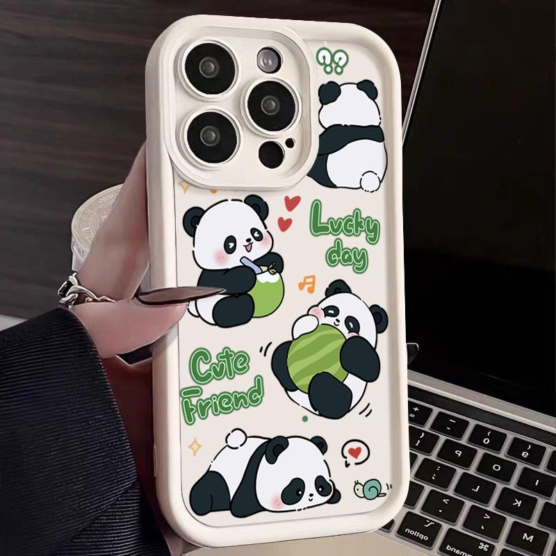 Lucky Panda Pattern Solid Color Shell для iPhone 16 Pro 15 14 Plus 13 12 Pro Max 11 Xs Xr 8 7 Ударопрочный мягкий TPU защитный чехол для объектива от падений