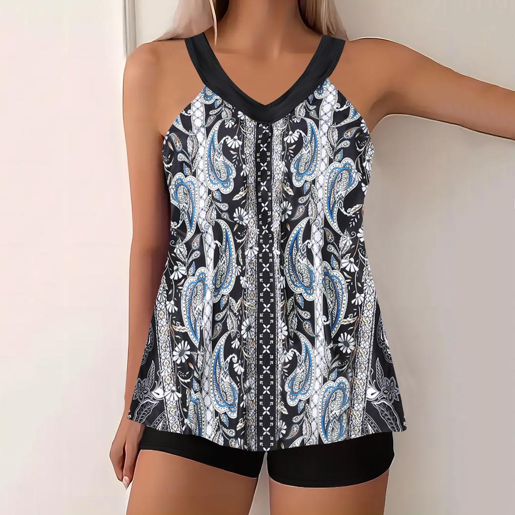 Women's Swimwear Tankini 2 Piece Swimsuit Green Pattern Print Vacation Bathing Suits