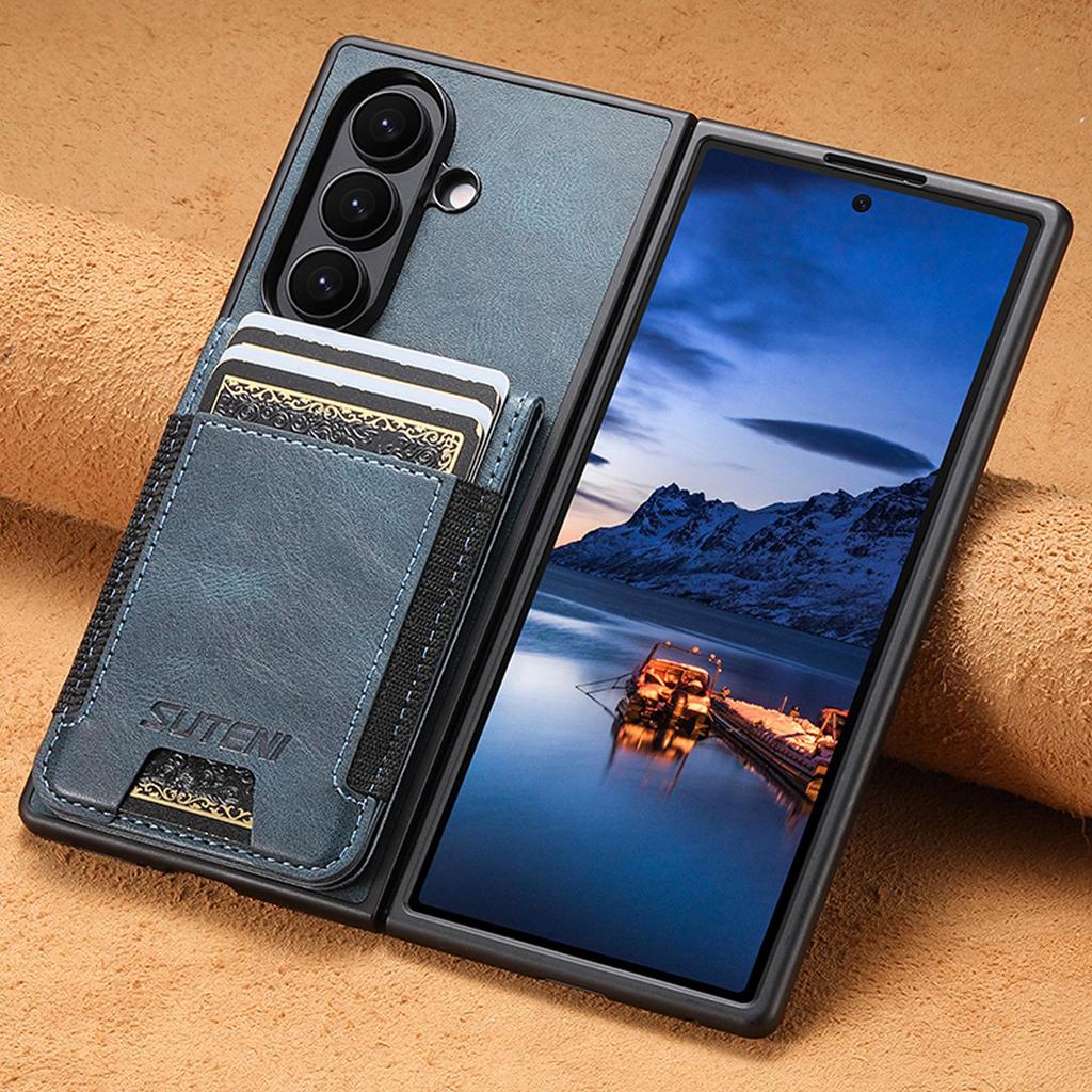 SUTENI Leather Case for Samsung Z Fold 5/6/7: Oil Wax Texture, Card Slot, Elastic Band, Stand Function.