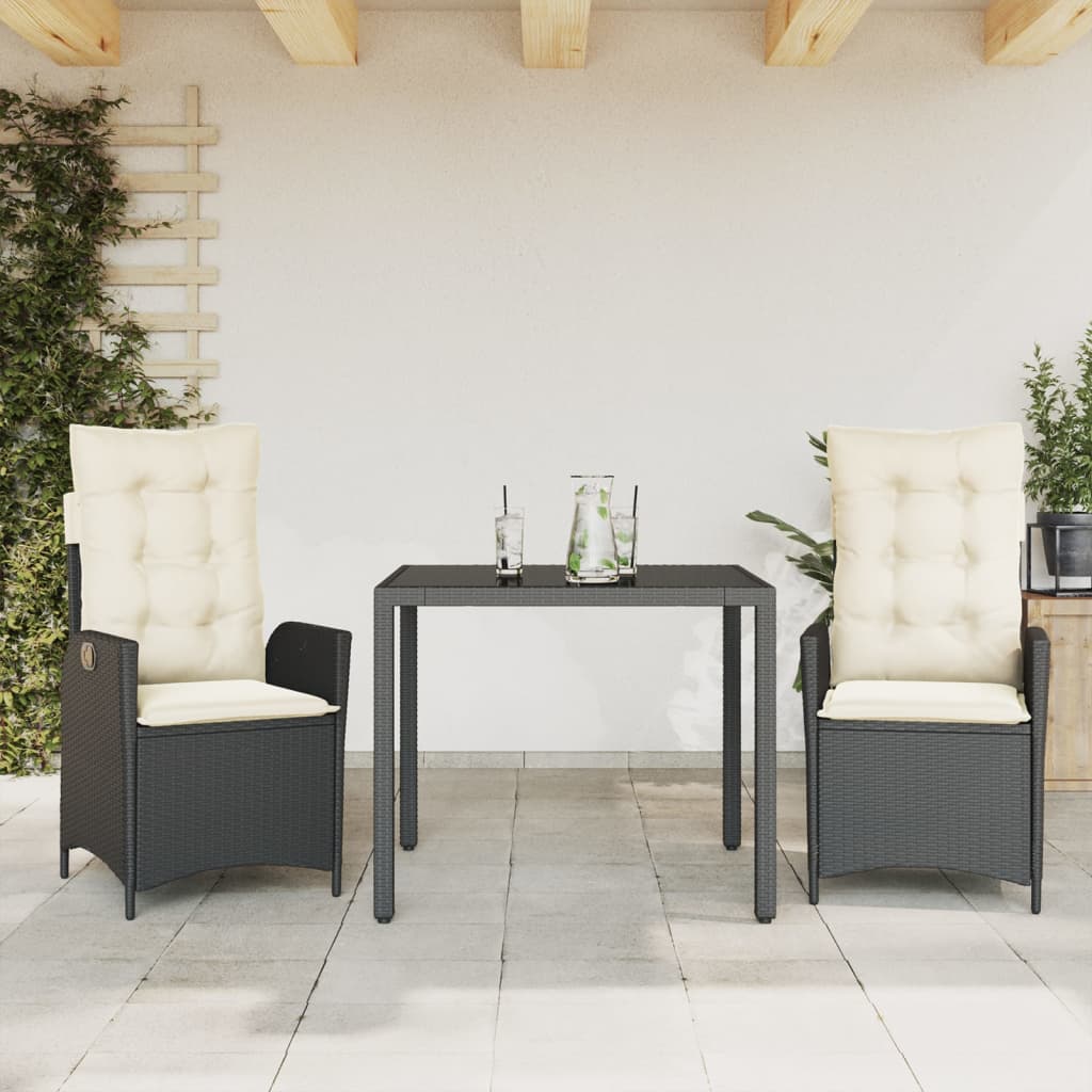 3 Piece Outdoor Dining Set with Cushions Black Poly Rattan