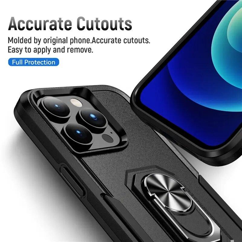 Armor Shockproof Magnetic Ring Phone Case For iPhone 13 11 12 14 Pro Max XR X XS Max 13Pro Hard PC Ring Holder Bumper Back Cover
