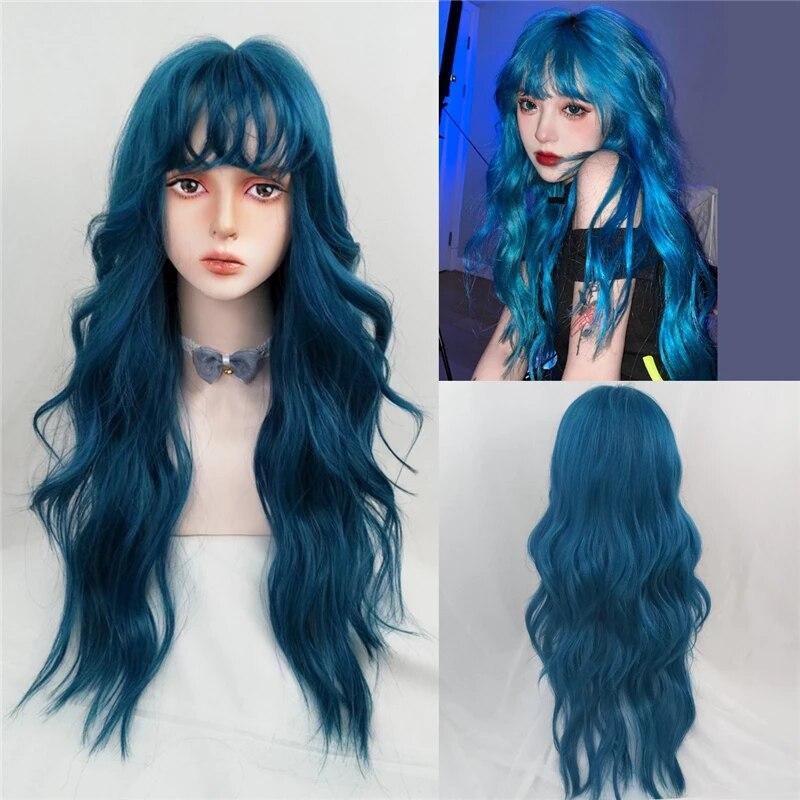 Long Wavy Blue Synthetic Wig with Bangs Lolita Wigs for Women Daily Party Cosplay Hair Heat Resistant Fiber Fashion Fake
