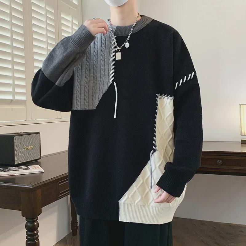 Men's Trendy Knitted Contrast Color Round Neck Sweater - Autumn/Winter Loose Fit, Lazy Style, Perfect for Couples