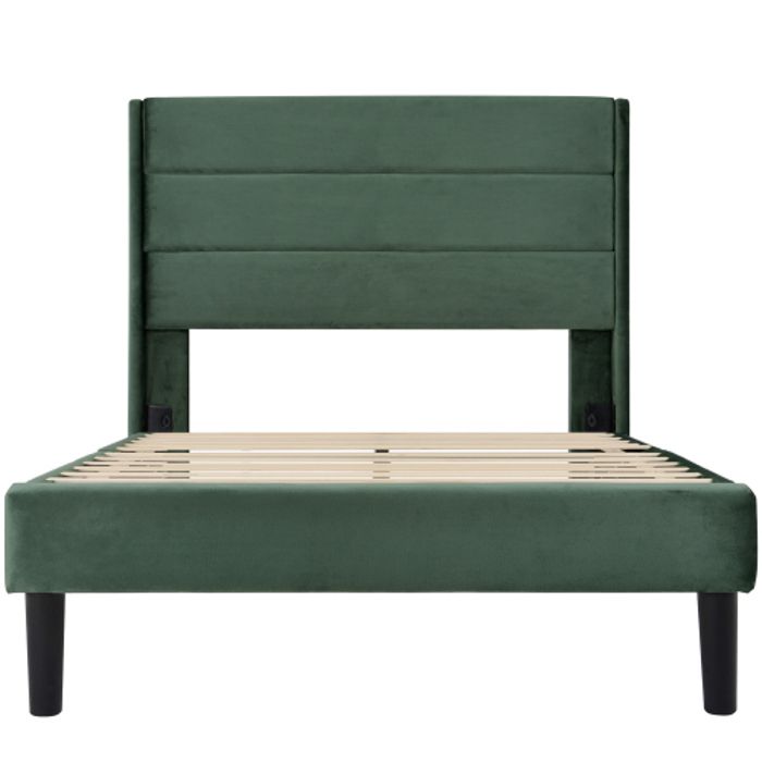 Lit rembourré 90x200 cm - MUVOE - Velours vert foncé - Tête de lit design - Sommier à lattes - 1 place