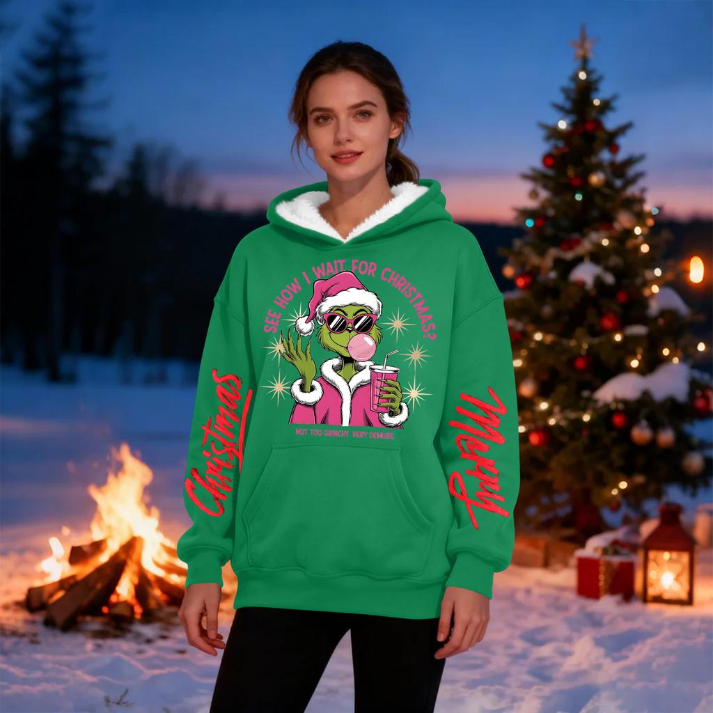 Женская повседневная модная толстовка с капюшоном большого размера, утепленная флисом, с рождественским принтом