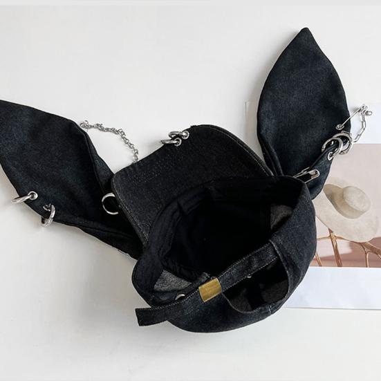 Denim Baseball Hat Adjustable Strap Distressed Design Denim Cap with 3D Bunny Ears