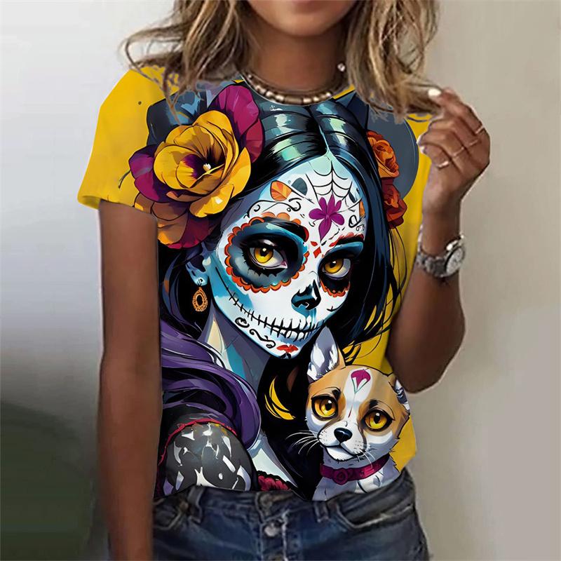 Summer Round Neck 3D Skull Printed Top Fashionable Casual Short Sleeved Women's T-shirts