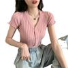 Летняя однотонная универсальная узкая футболка с короткими рукавами и V-образным вырезом, с деревянными ушками и полосками, трикотажные топы с короткими абзацами, женские повседневные свитера, футболки