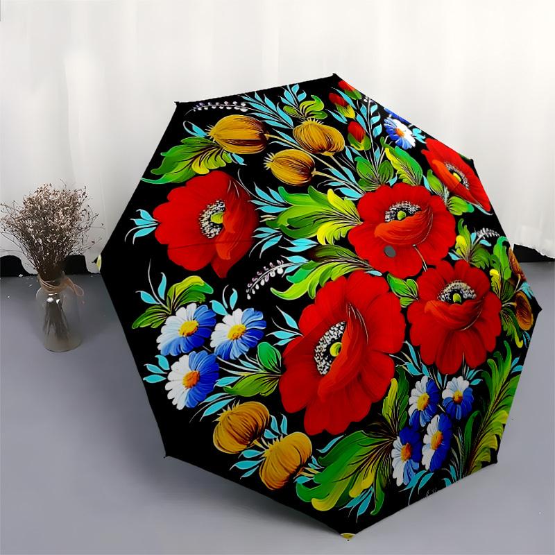 1pc Floral Bouquet with Red Poppies and Blue Daisies Umbrella with Plastic Handle,Suitable for All Seasons Home Travel Outdoor UmbrellaDD1048