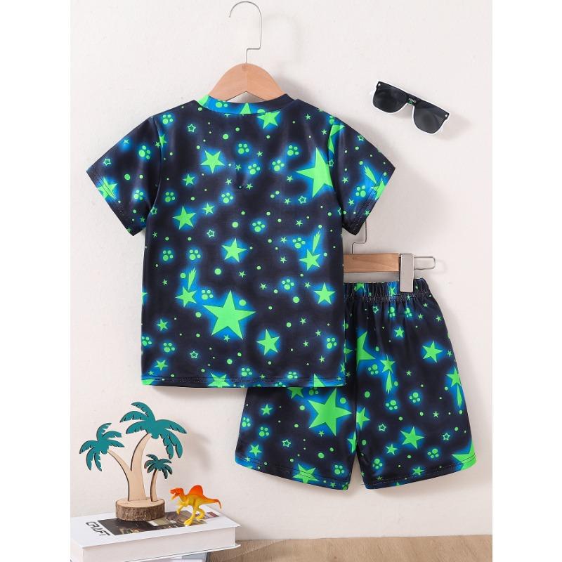 Направленный хит продаж, летний костюм для мальчиков с принтом динозавра и звезд, шорты с короткими рукавами, абстрактный стиль