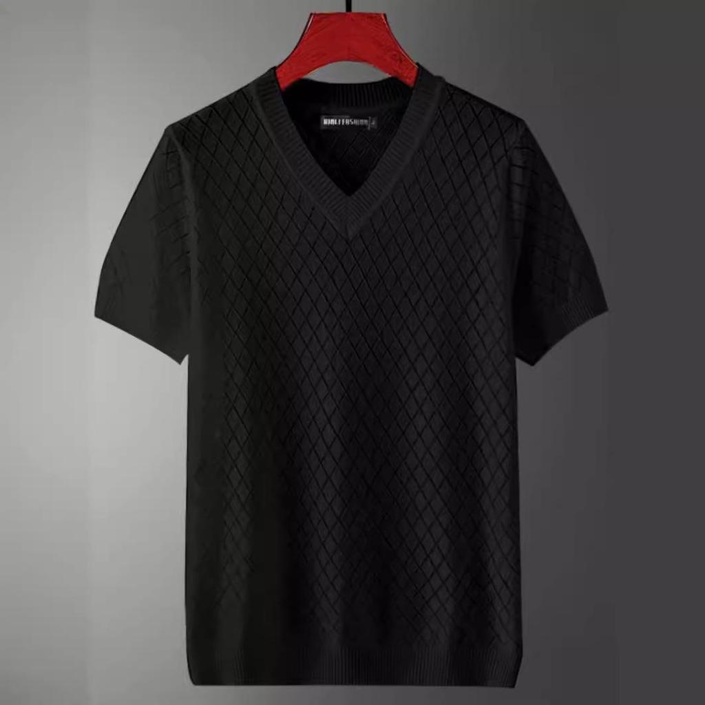 Мужской топ Ice Silk с V-образным вырезом и полым вырезом: Крутой, тонкий, большого размера, вязаный свитер с короткими рукавами