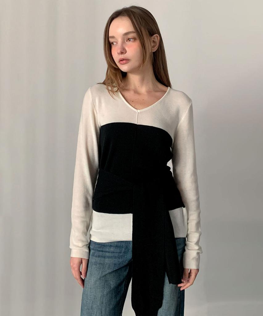 Вязаный топ Baseukala Milla с V-образным вырезом и цветовыми блоками (2Colors)