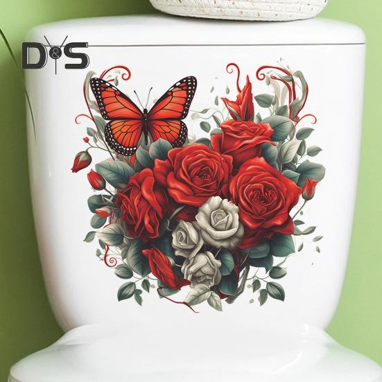 Наклейка на унитаз с бабочками и цветком розы, съемная водонепроницаемая наклейка из ПВХ для гостиной, ванной комнаты, стены искусства, цветочная крышка для унитаза, украшение на день Святого Валентина