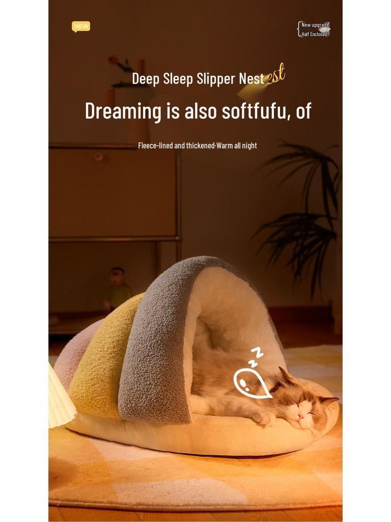 Cozy Cloud Fleece Pet Nest: Semi-Enclosed Warm Slippers for Cats & Small/Medium Dogs