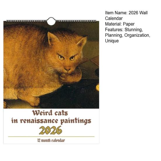 Странные коты в эпоху Возрождения 2026 Настенный календарь 12 средневековых картин с котами Ежемесячный календарь для дома и офиса Забавный подарок для любителей кошек