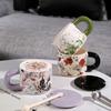 Light Luxury Flower Ceramic Cup Cover Spoon High Value Household Drinking Cup Office Coffee Cup Tea Cup Mug
