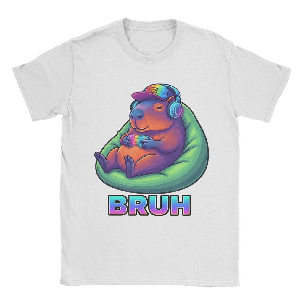 Funny Capybara Bruh Video Games Lovers T Shirts for Men Pure Cotton Novelty TShirts O Neck Tee Shirt Short Sleeve Clothing