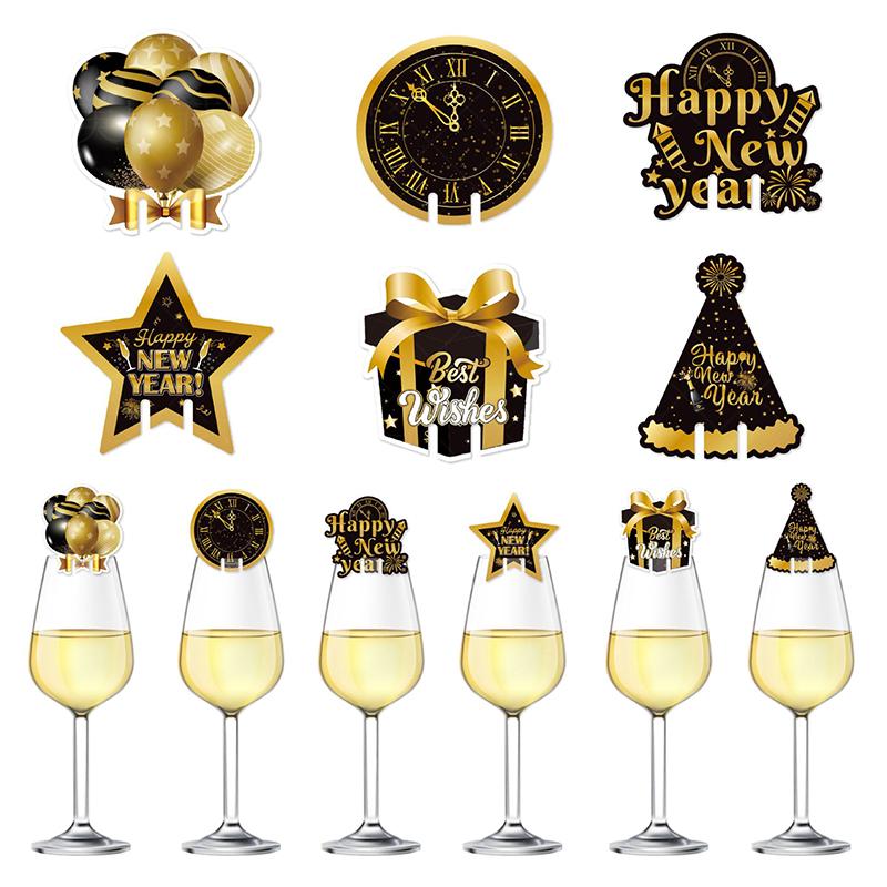 12pcs 2025 Happy New Year Glasses Identifier Champagne Paper Card Topper Christmas Cups Insert Xmas Home Party Decor Supply