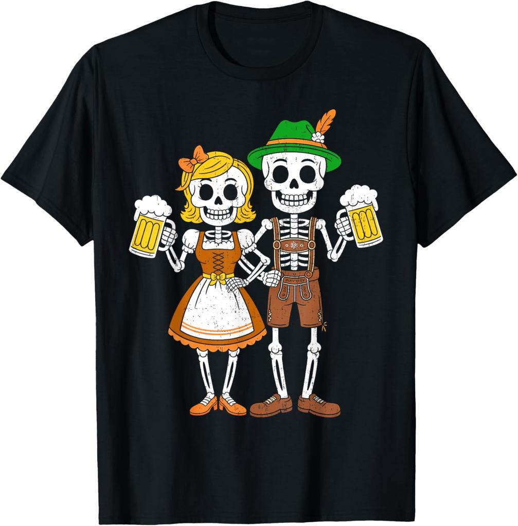 Funny Skeleton Couple Oktoberfest Pretzel Beer Party Man TShirt Fashion Casual Cotton Graphic T Shirts Streetwear Tops Tee