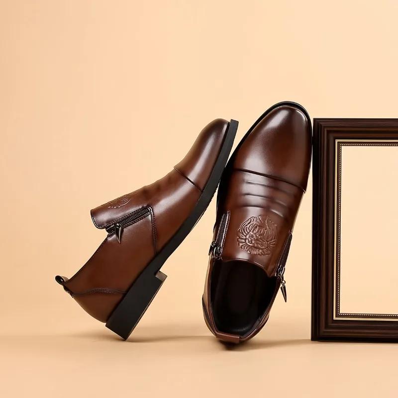 Модные мужские деловые туфли на молнии, брендовые кожаные повседневные туфли для мужчин, офисные коричневые дышащие мокасины, удобная мужская обувь