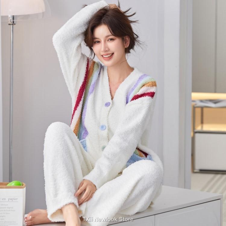 Зимняя женская полубархатная пижама в радужную полоску из кораллового бархата, утолщенная износостойкая домашняя одежда