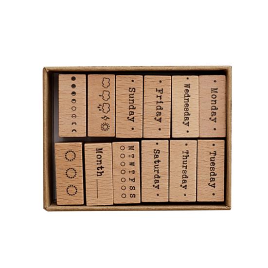12 Pcs Vintage Wood Rubber Stamp Universe Letters Number Flowers Retro Stamp Set for DIY Art Craft Journals Scrapbooking Planner Card Making