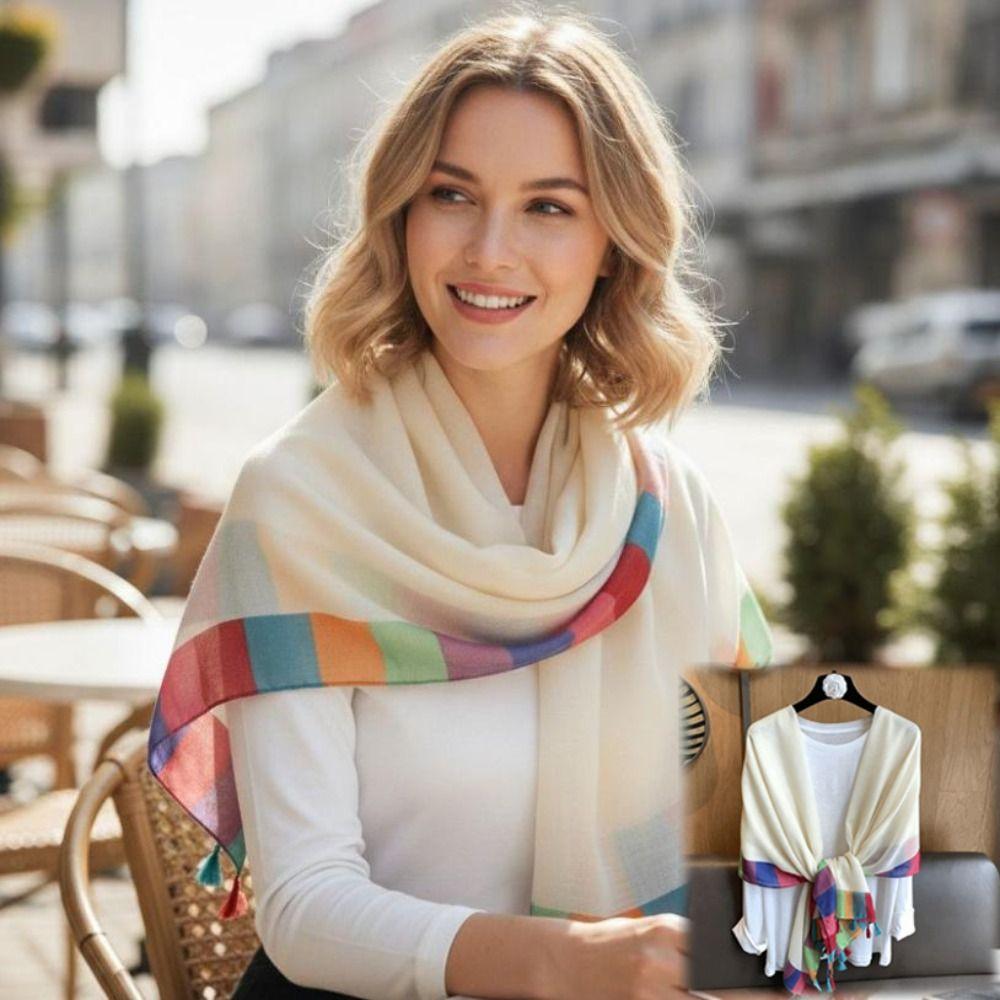 Soft Draped Gauze Shawl Rainbow Border Beach Scarf New Tassel Shawl Women Fashion