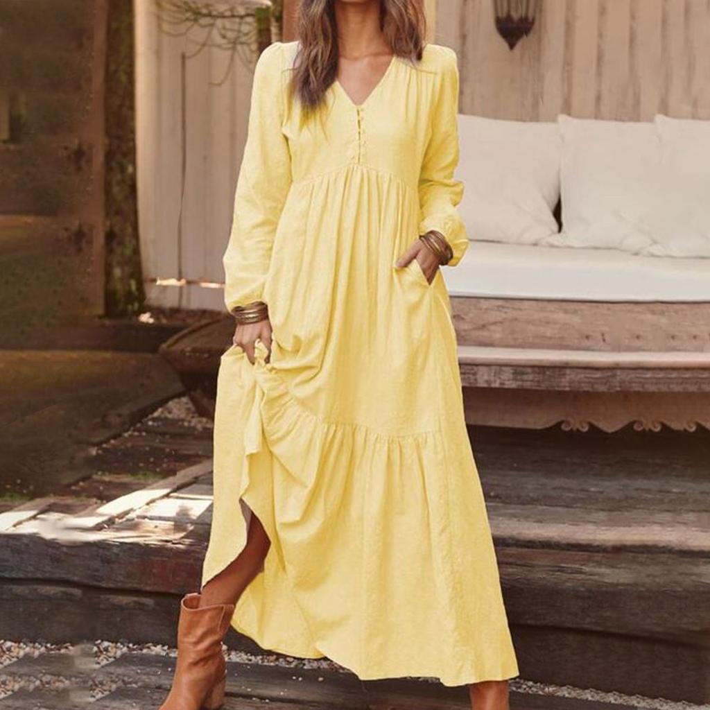 Женское повседневное платье макси с длинными рукавами, свободное многослойное платье с V-образным вырезом на пуговицах и высокой талией