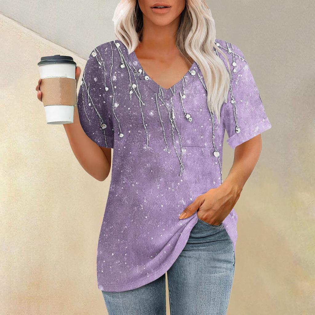 Женская модная футболка с коротким рукавом и V-образным вырезом с карманом и цветочным принтом