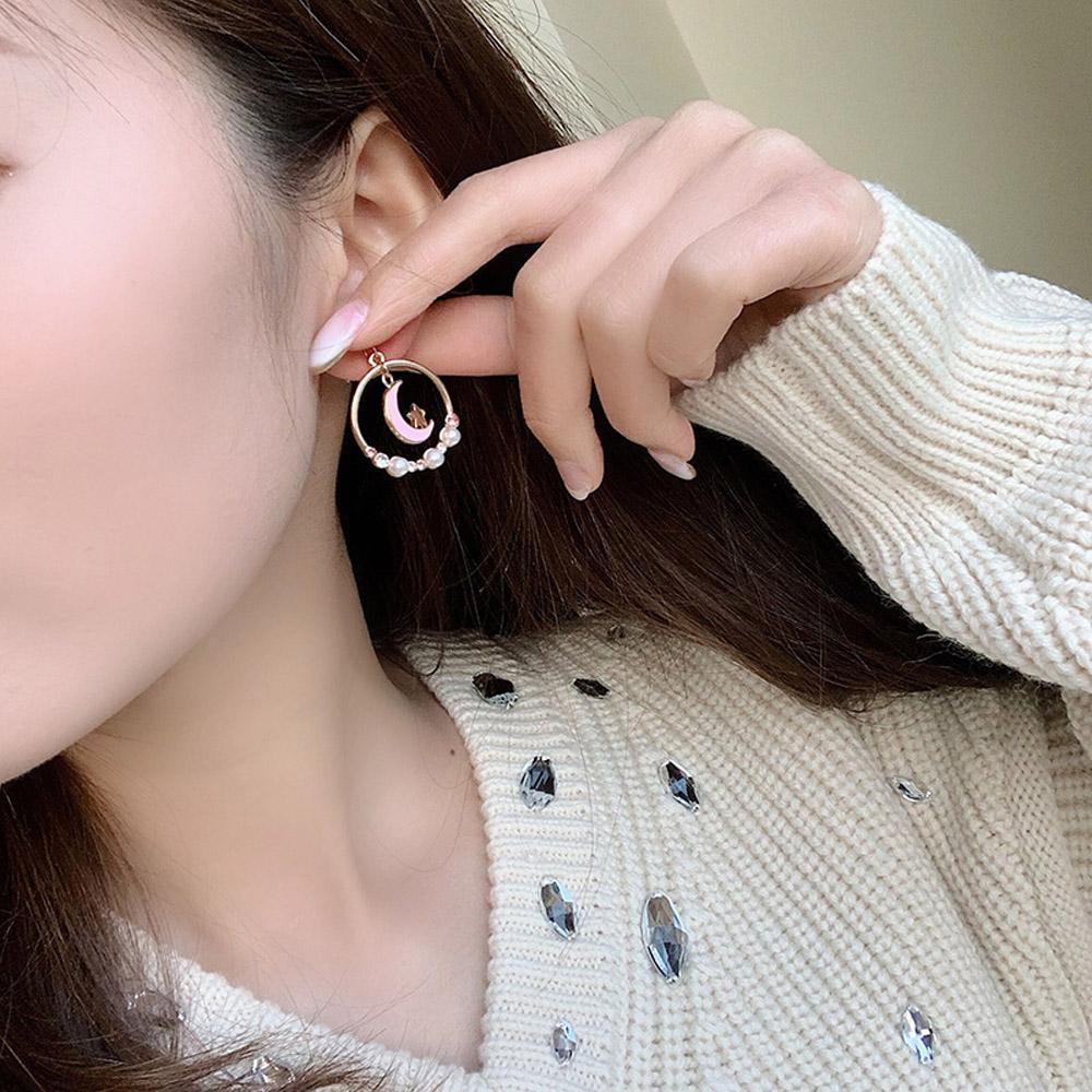 Sweet Cute Korean Moon Pink Anti Allergy Enamel Rabbit Drop Earrings Asymmetric Earrings