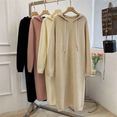 Толстовка для женщин с капюшоном, зимняя, утолщенная, свободного кроя, вязаная, длинная, однотонная, платье-свитер, повседневный пуловер, топ с длинным рукавом, толстовка