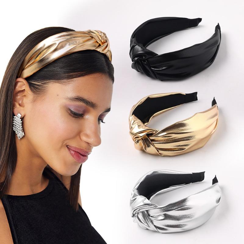 PU Leather Headband, Cross-border Wide-brimmed Fashion, Laser-printed Knotted Headband, Suitable for Face Washing and Going Out, Pure Color Hairband