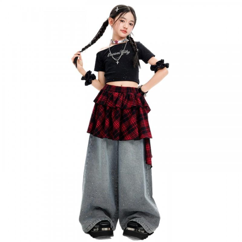 Girls Hip Hop Jazz Dance Outfit Set Short Sleeve Top Rhinestone Denim Pants Stage Performance