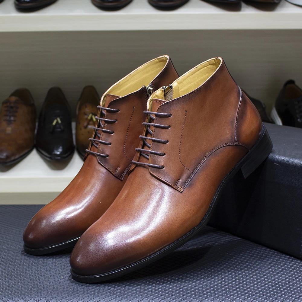 Модная роскошная мужская обувь из натуральной кожи до щиколотки, мужские туфли дерби с гладким носком на молнии, ручной работы, на шнуровке, офисные, формальные, базовые ботинки для мужчин