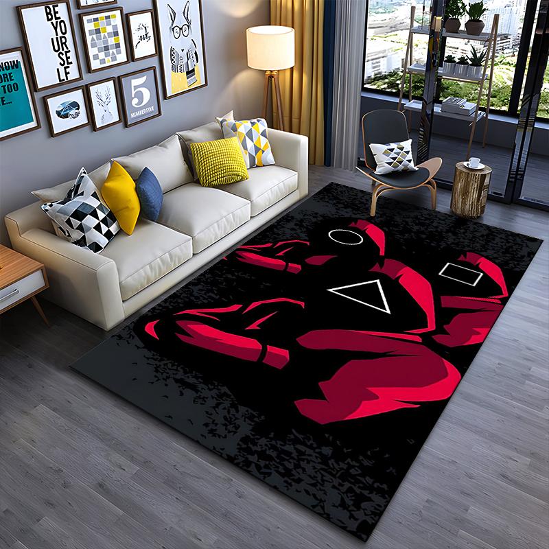 Red Guards Pattern Rug with Geometric Symbols on Black Background Suitable for use as an anti-slip for living room bedroom sofas