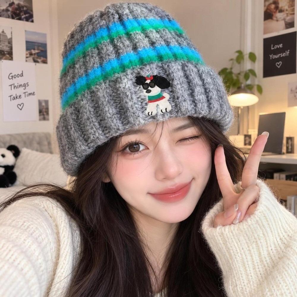 Thickened Striped Beanie Fluffy Warm Skullcap Ear Protection Hat Dog Embroidered Cap Daily